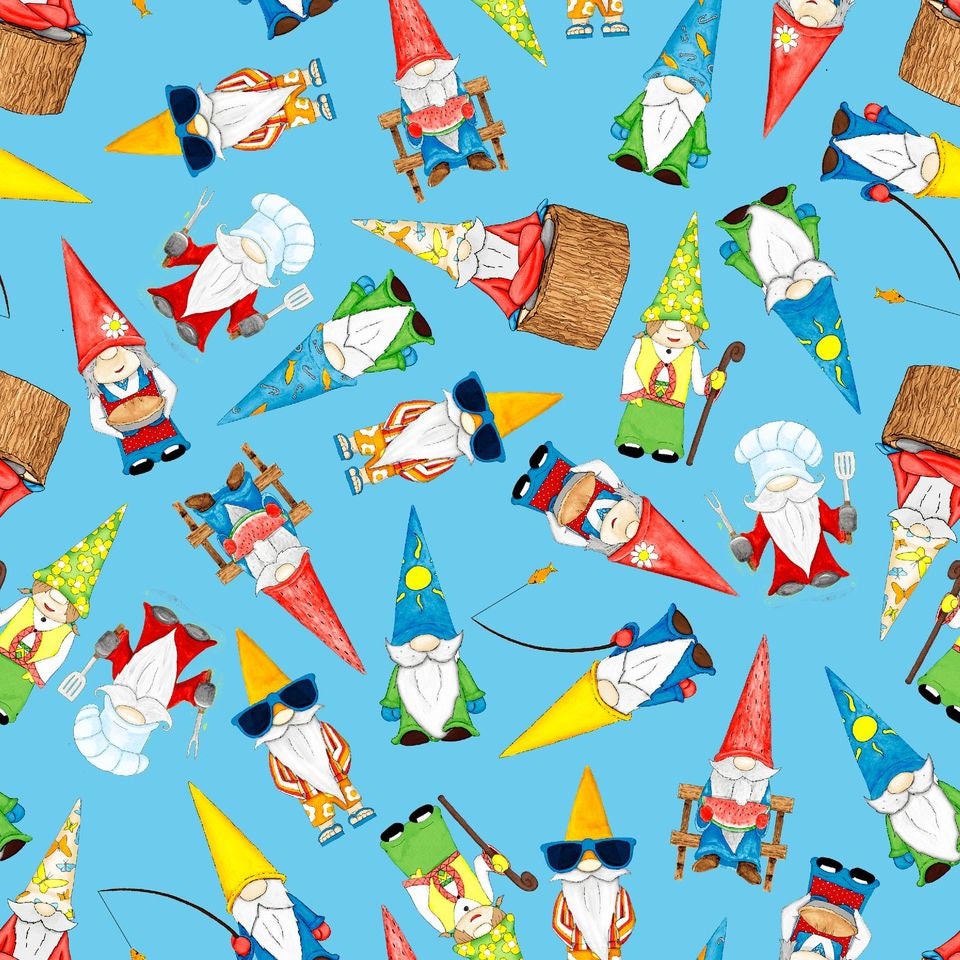 Hangin' With My Gnomies by Hugo Edwins Gnomes Tossed Lt Blue 1444-70  Cotton Woven Fabric