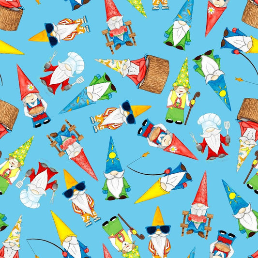Hangin' With My Gnomies by Hugo Edwins Gnomes Tossed Lt Blue 1444-70 Cotton Woven Fabric