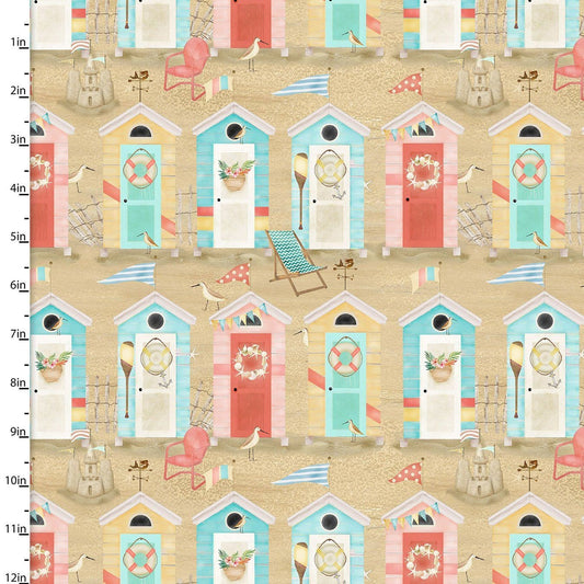 Beach Travel by Beth Albert Beach Huts Sand 17335-SND Cotton Woven Fabric