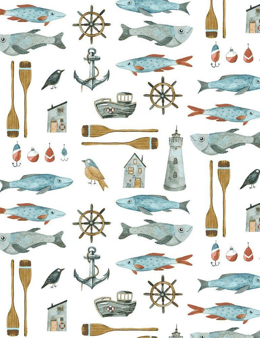 Hook Line & Sinker Carp E Diem White STELLA-1801 Cotton Woven Fabric