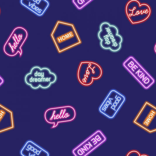 Small Things Glow Neon Signs on Blue SM37-2 Glow in the Dark Cotton Woven Fabric