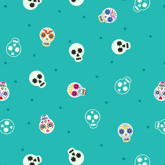 Small Things Glow Sugar Skulls on Turquoise SM40-1 Glow in the Dark Cotton Woven Fabric