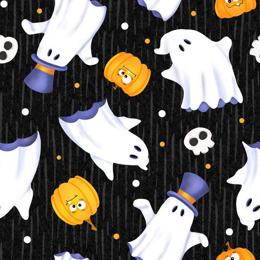 Glow Ghosts by Shelly Comiskey Tossed Ghosts Black 9605G-99 Glow in the Dark Cotton Woven Fabric