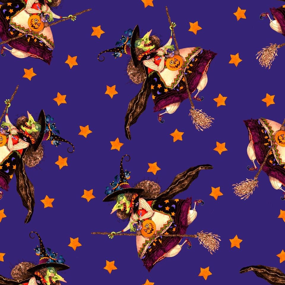Witchful Thinking by David Galchutt Flying Witch Allover Purple 1534-55 Cotton Woven Fabric