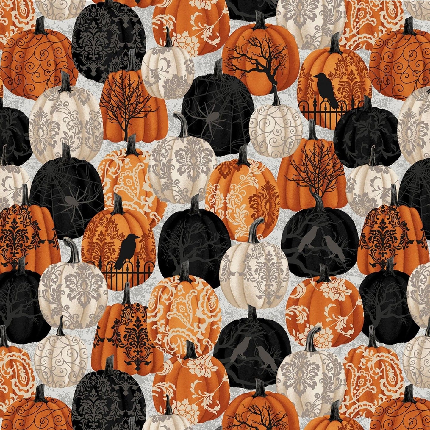 Spooky Night by Grace Popp Damask Pumpkins Black/Orange 5717S-93 Cotton Woven Fabric