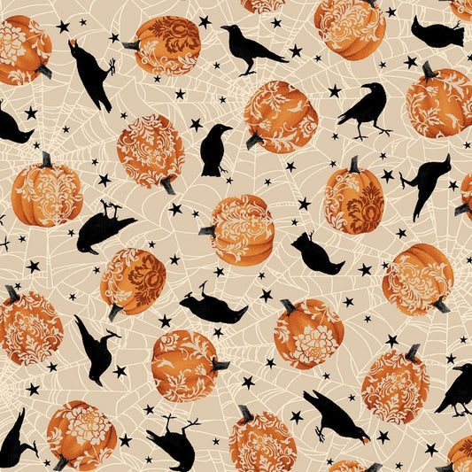 Spooky Night by Grace Popp Tossed Pumpkins & Crows Ecru 5719S-33 Cotton Woven Fabric