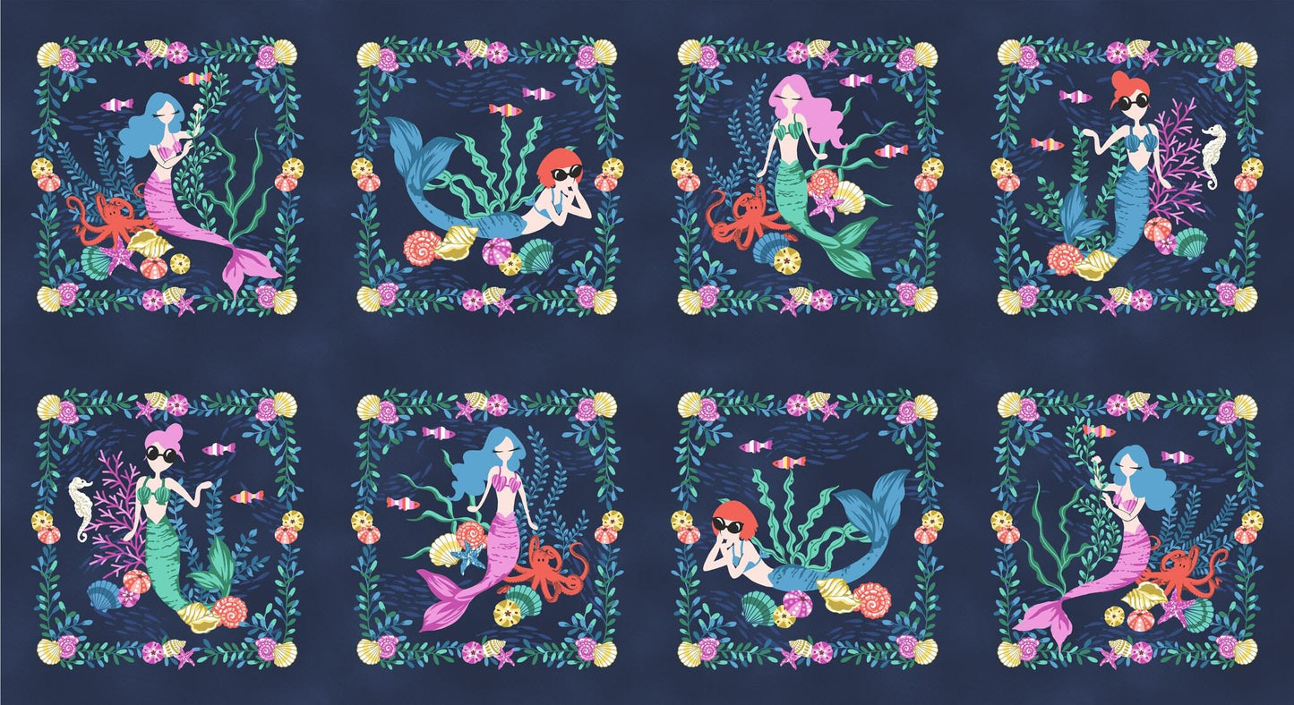 Mermaid in Blue Jeans 24" Panel Dark Blue Blocks 5588-77 Cotton Woven Panel