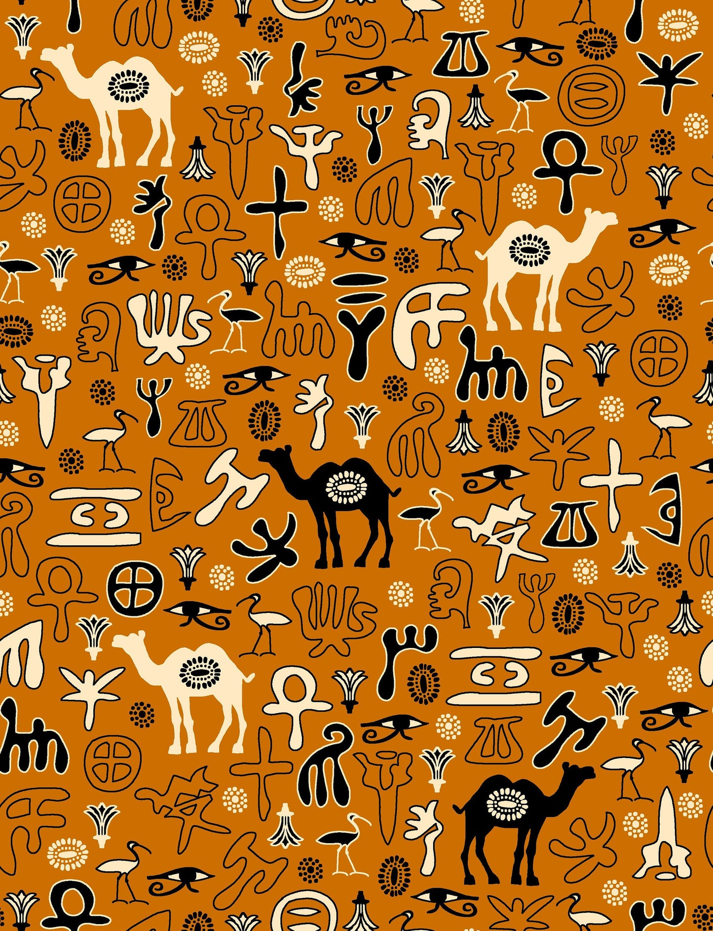 The Eye of Egypt Black and Cream Coloured Egyptian Motifs on Orange 4501-400 Digitally Printed Cotton Woven Fabric