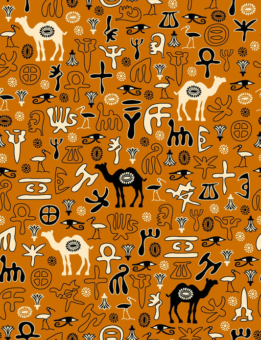 The Eye of Egypt Black and Cream Coloured Egyptian Motifs on Orange 4501-400 Digitally Printed Cotton Woven Fabric