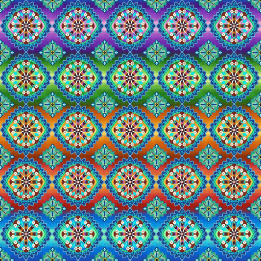 Blooming Paisleys by Art Loft Hexie Medallion Rainbow 5603-11 Digitally Printed Cotton Woven Fabric