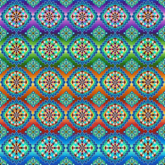 Blooming Paisleys by Art Loft Hexie Medallion Rainbow 5603-11 Digitally Printed Cotton Woven Fabric