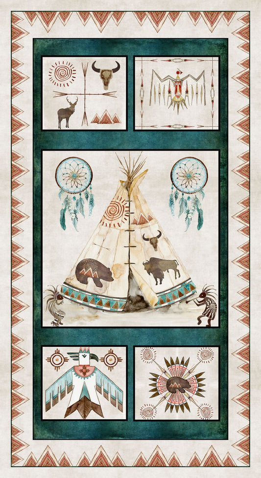 Buffalo Run by AJ's Watercolor Studio 24" Panel Tee Pee Ecru 1384P-41  Cotton Woven Panel