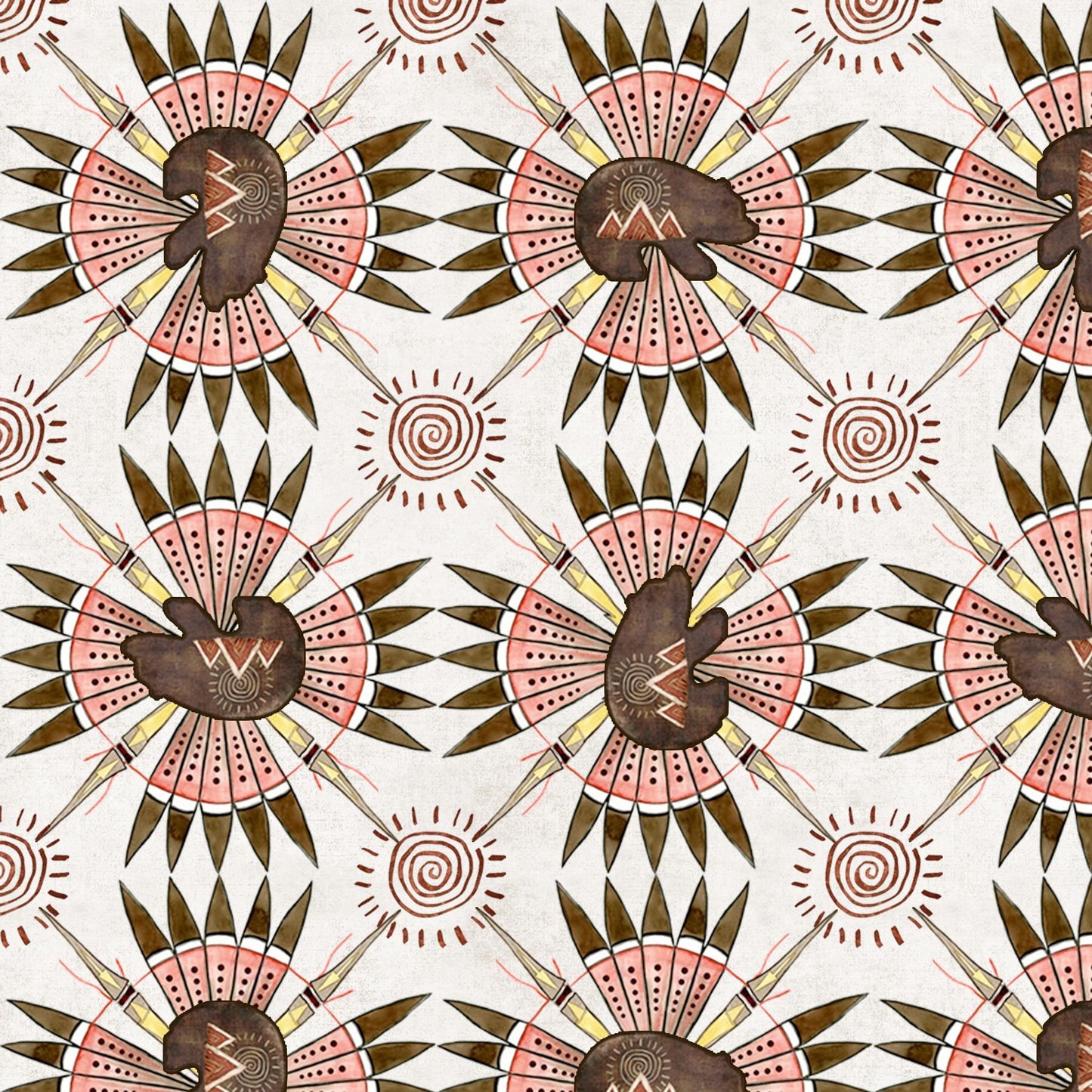Buffalo Run by AJ's Watercolor Studio Bear Geometric Ecru 1381-41 Cotton Woven Fabric