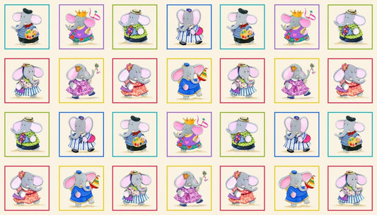 Elephant Friends by Nicole in den Bosch 24" Block Cut Elephant Friends Cream 17006E-CREAM Cotton Woven Panel