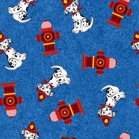 Everyday Heroes by Pam Branch Firefighter Dalmations & Hydrants Blue 1347-77 Cotton Woven Fabric