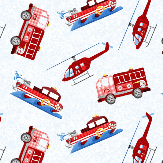 Everyday Heroes by Pam Branch Firefighter Vehicles White 1344-01 Cotton Woven Fabric