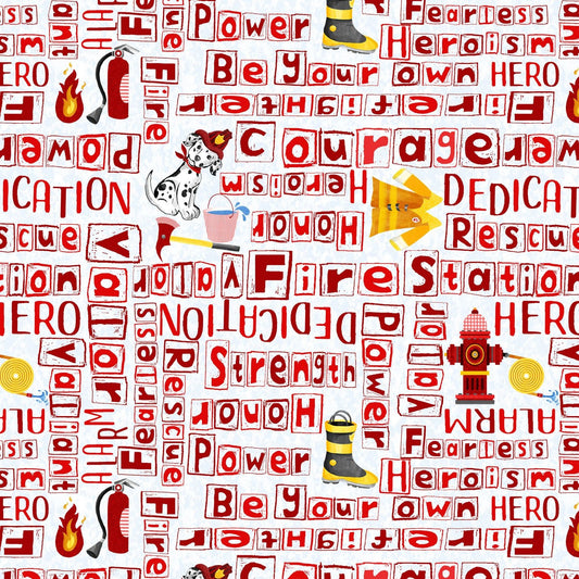 Everyday Heroes by Pam Branch Firefighter Words Red 1345-88 Cotton Woven Fabric