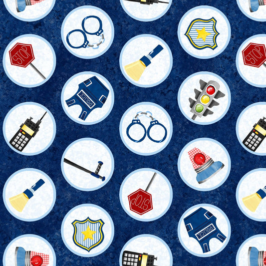 Everyday Heroes by Pam Branch Police Motifs in Circles Blue 1351-77 Cotton Woven Fabric