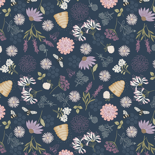 Queen Bee Bee Floral on Dark Blue A504-3 Cotton Woven Fabric