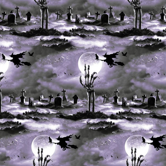 Hocus Pocus Halloween Cemetery Scene Gray 1574G-95 Glow in the Dark Cotton Woven Fabric