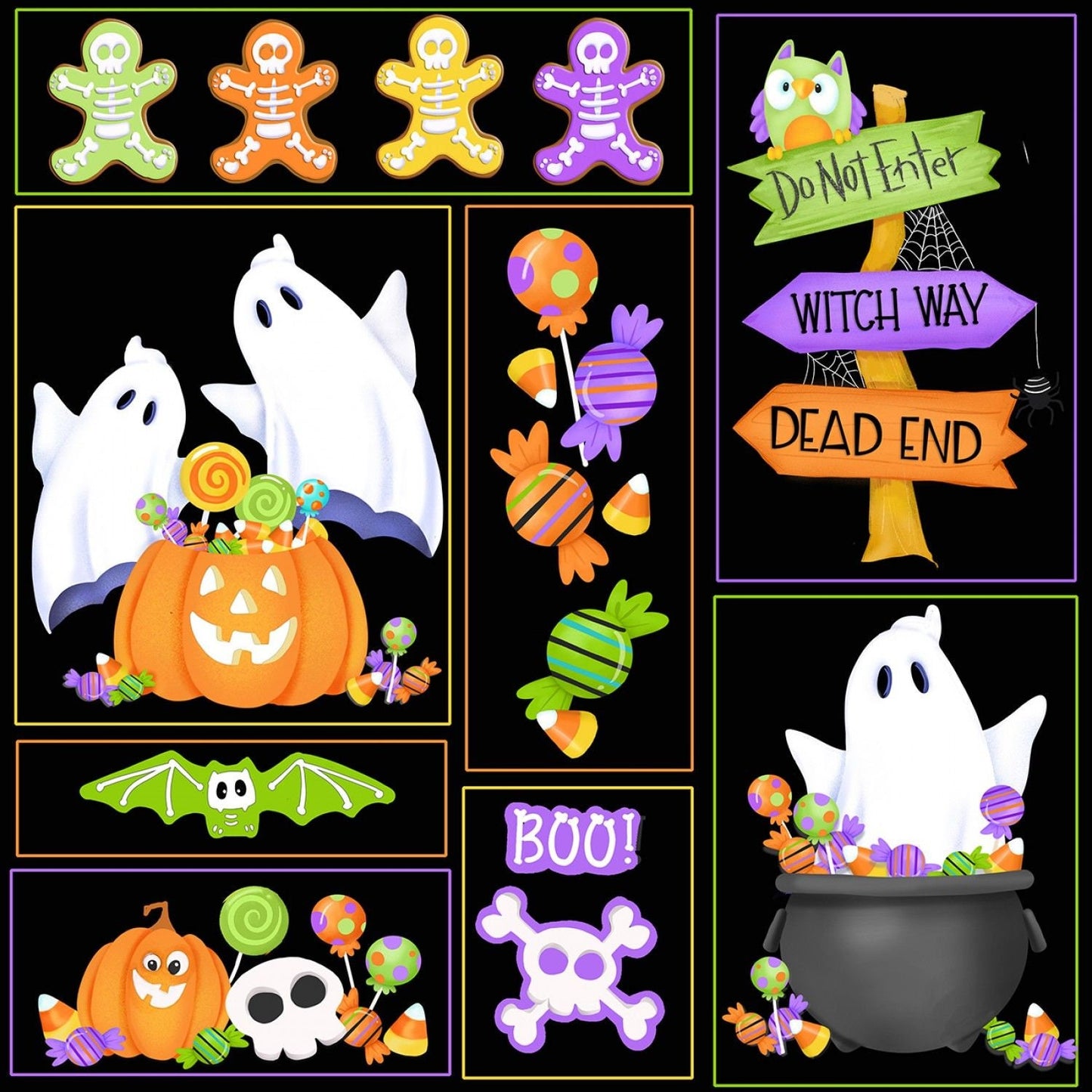 Glow Ghosts by Shelly Comiskey Patchwork of Motifs Black 9603G-99 Glow in the Dark Cotton Woven Fabric