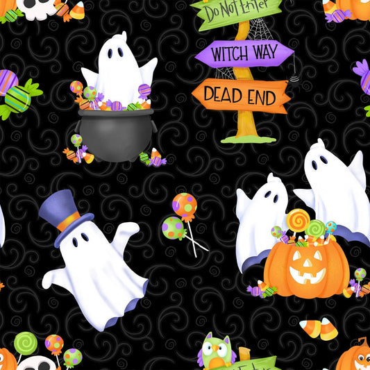 Glow Ghosts by Shelly Comiskey Tossed Ghost, Pumpkins & Candy Black 9607G-99 Glow in the Dark Cotton Woven Fabric