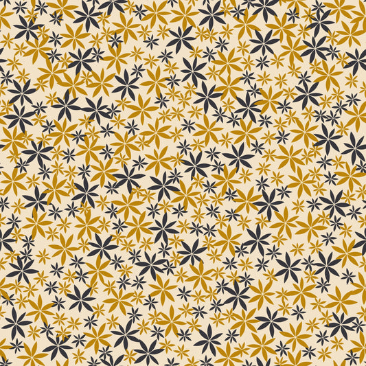 Birds on the Move Black and Yellow Flowers on Sand 4501-413 Digitally Printed Cotton Woven Fabric