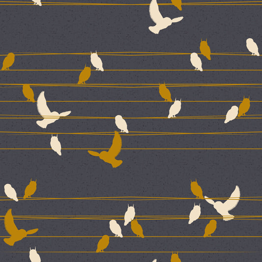 Birds on the Move Sand and Yellow Colored Owls, Birds and Wires on Dark Grey 4501-409 Digitally Printed Cotton Woven Fabric