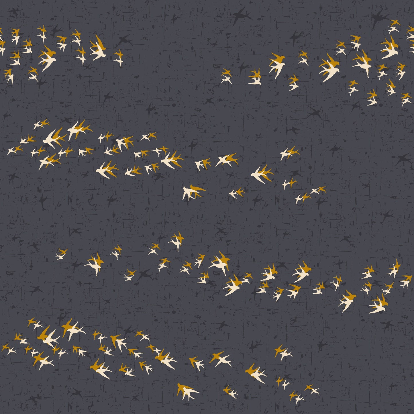 Birds on the Move Yellow and Sand Coloured Flying Birds on Dark Grey 4501-415  Digitally Printed Cotton Woven Fabric