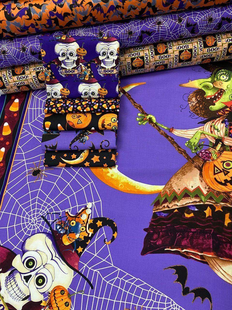 Witchful Thinking by David Galchutt Pumpkins with Boo! Orange 1540-33 Cotton Woven Fabric