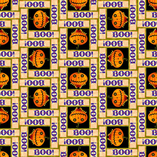 Witchful Thinking by David Galchutt Pumpkins with Boo! Orange 1540-33 Cotton Woven Fabric
