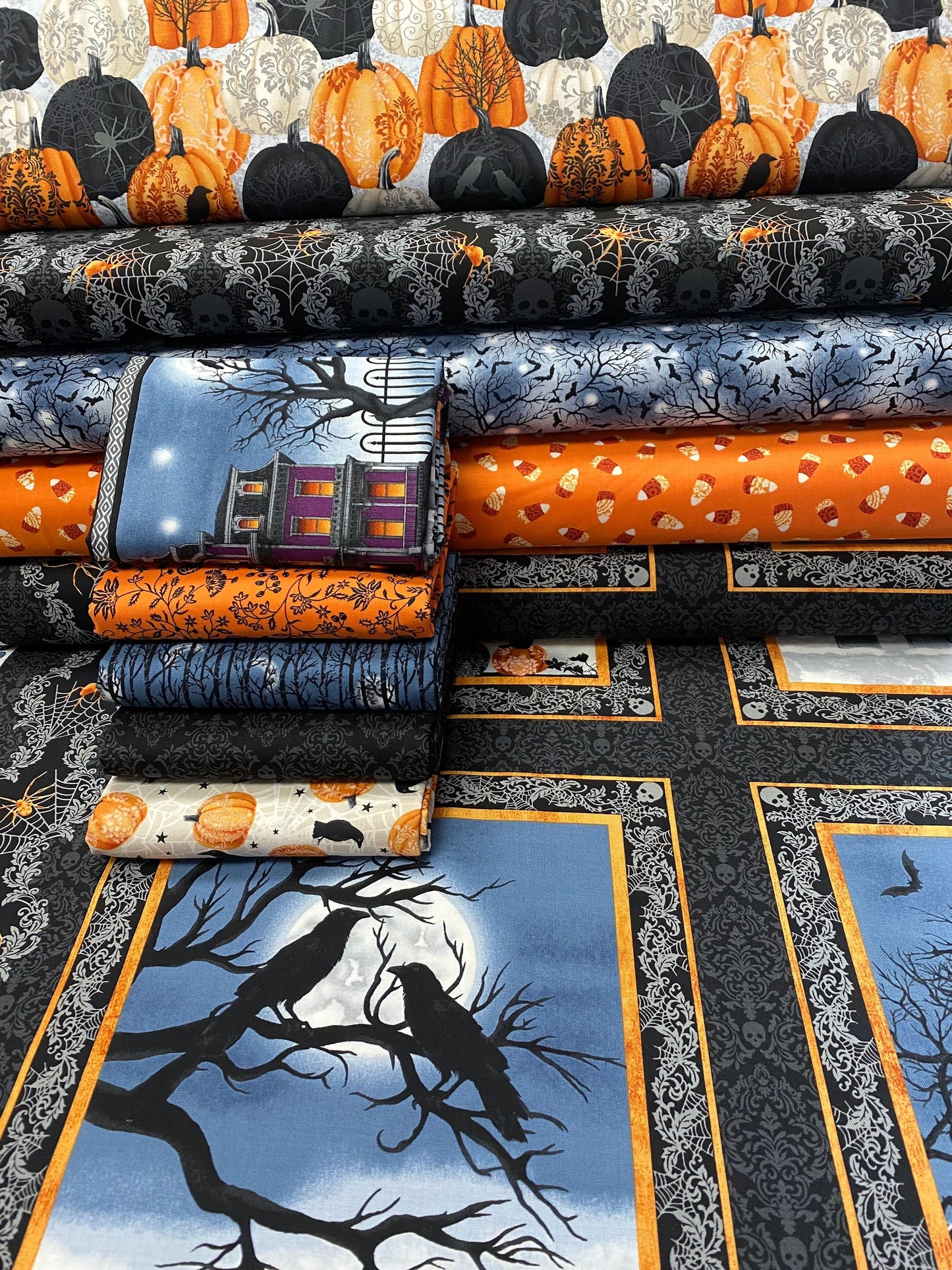 Spooky Night by Grace Popp Damask Candy Corn Black 5721S-99 Cotton Woven Fabric