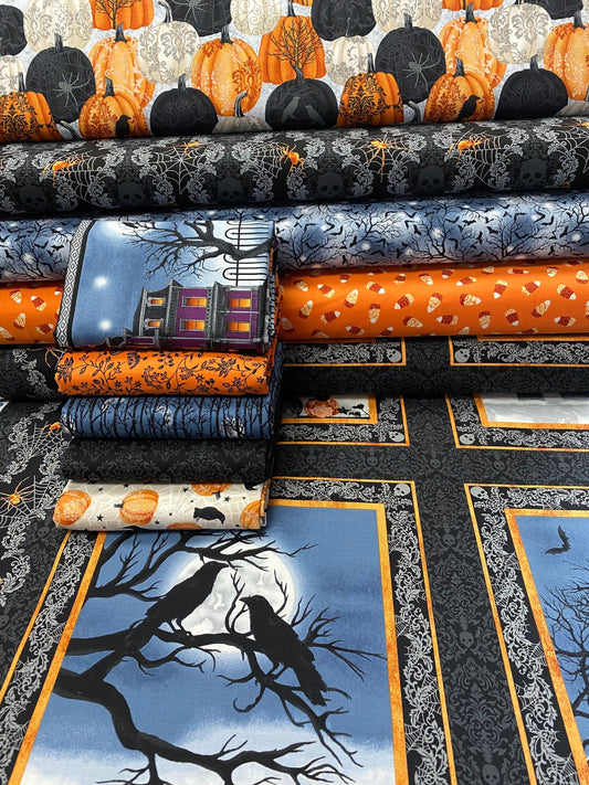 Spooky Night by Grace Popp Damask Pumpkins Black/Orange 5717S-93 Cotton Woven Fabric