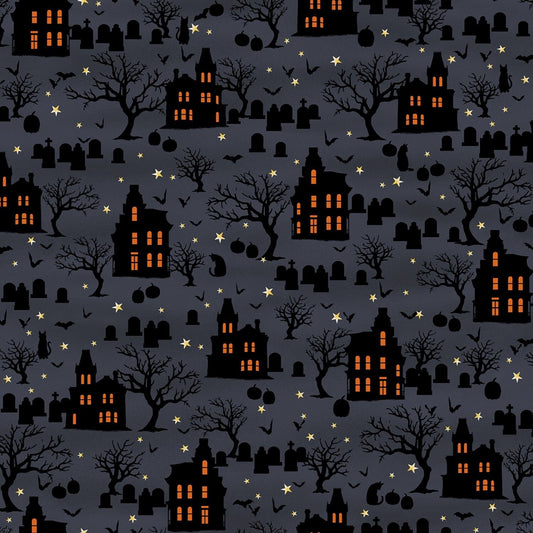 Spooky Night by Grace Popp Spooky Houses Midnight 5723S-97 Cotton Woven Fabric