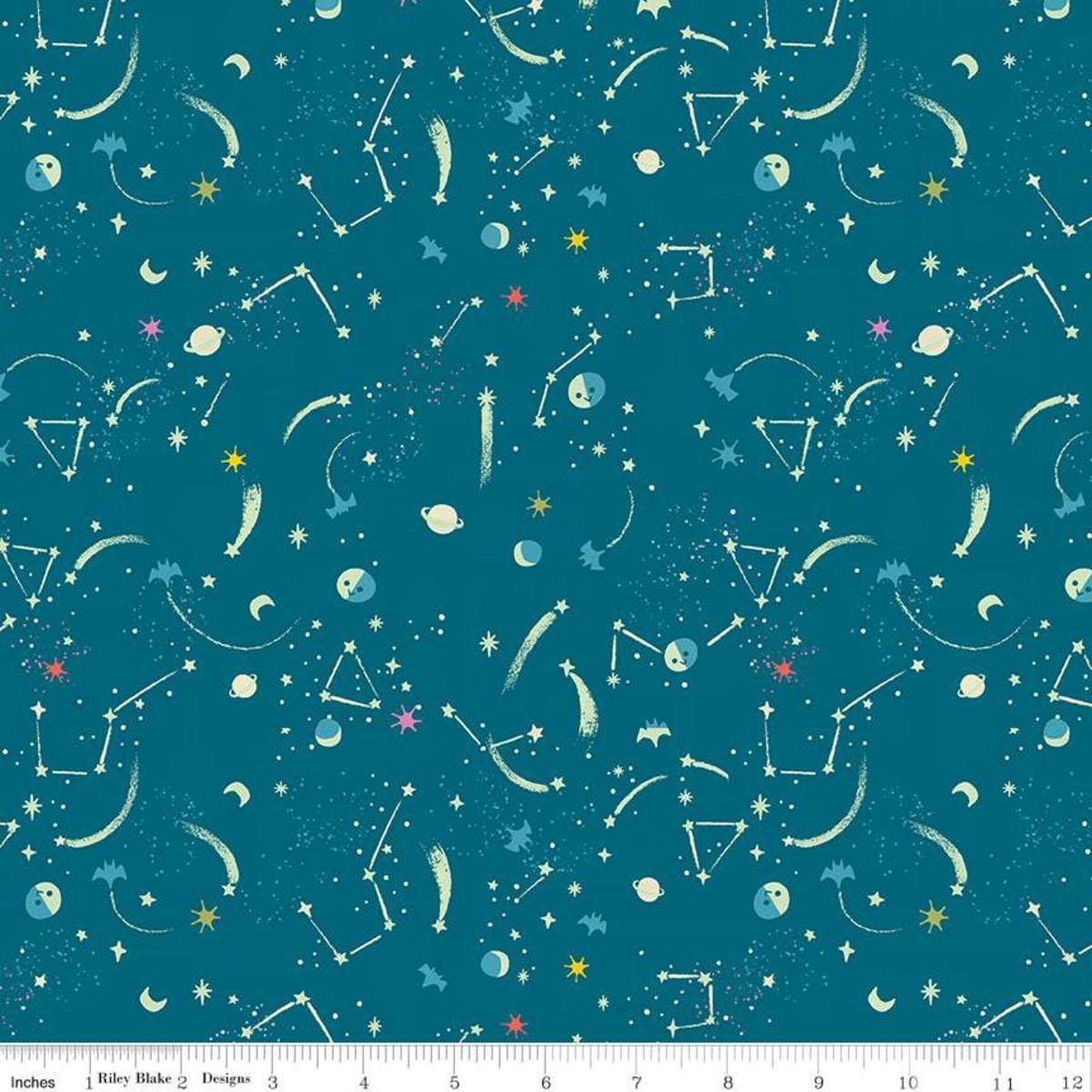Tiny Treaters by Jill Howarth Milky Way Teal GC10485-TEAL Glow in the Dark Cotton Woven Fabric
