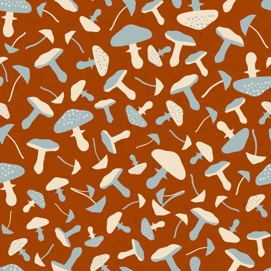 Birds on the Move Dusty Blue and Sand Coloured Mushrooms on Cognac 4501-418 Digitally Printed Cotton Woven Fabric
