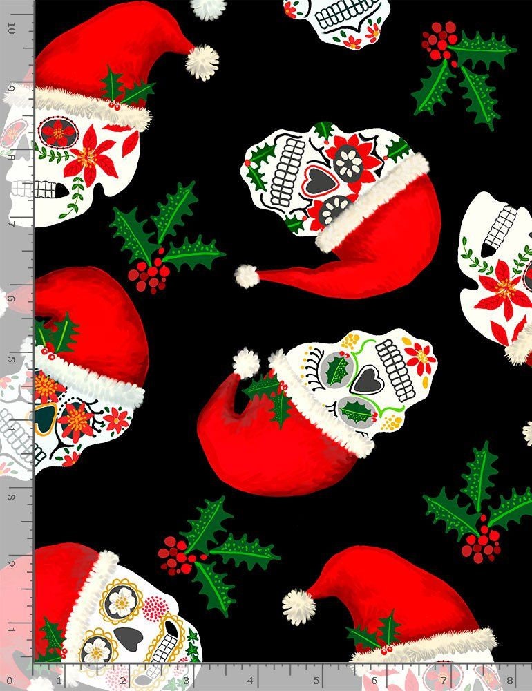 Christmas Sugar Skulls FUN-C8455-BLACK Cotton Woven Fabric