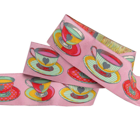 Tula Pink Curiouser & Curiouser Ribbon 1.5 inch Big Tea Time Pink Ribbon TK 74 38mm Col 2c Priced per yard