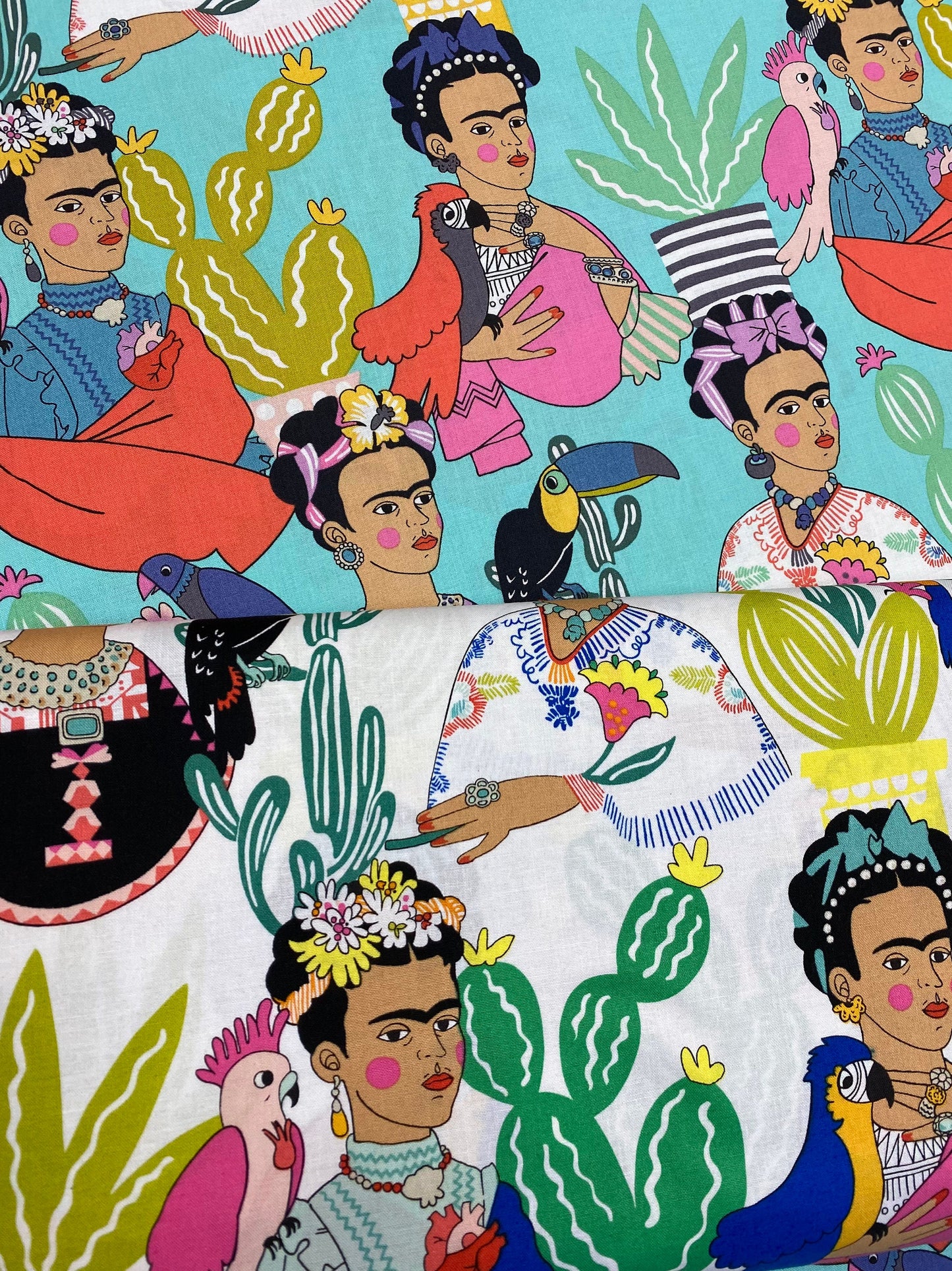 Folklorico Frida con Las Plumas 8857B Acqua Cotton Woven Fabric