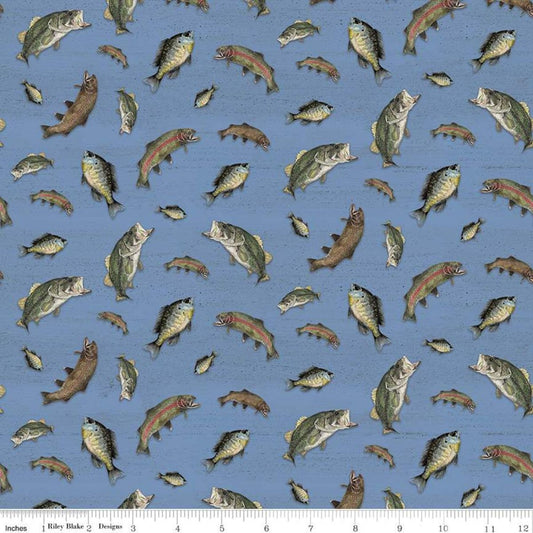At The Lake by Tara Reed Fish Blue C10552-BLUE Cotton Woven Fabric