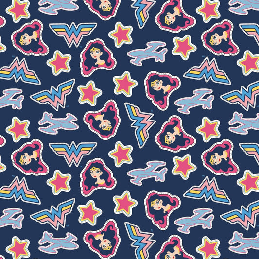 Licensed Young DC by DC Fabrics Wonder Woman Tossed Stickers Navy 23421457-2 Cotton Woven Fabric