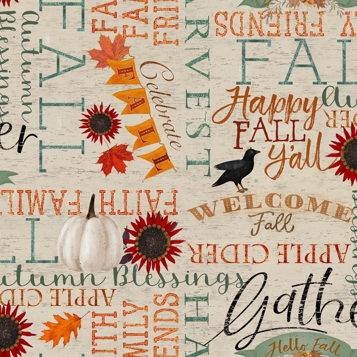 Happy Fall Beth Happy Fall by Beth Albert Words Beige 18119-BGE Cotton Woven Fabric ...