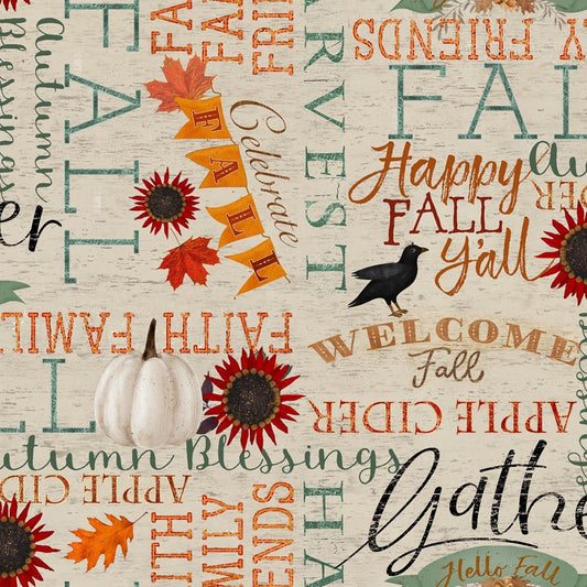 Happy Fall by Beth Albert Words Beige 18119-BGE Cotton Woven Fabric