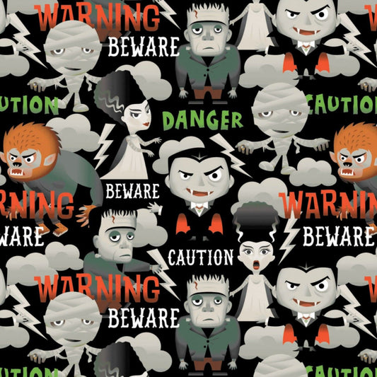 Character Halloween 2 Licensed Monster Beware Caution Danger Black 96560109-2  Cotton Woven Fabric