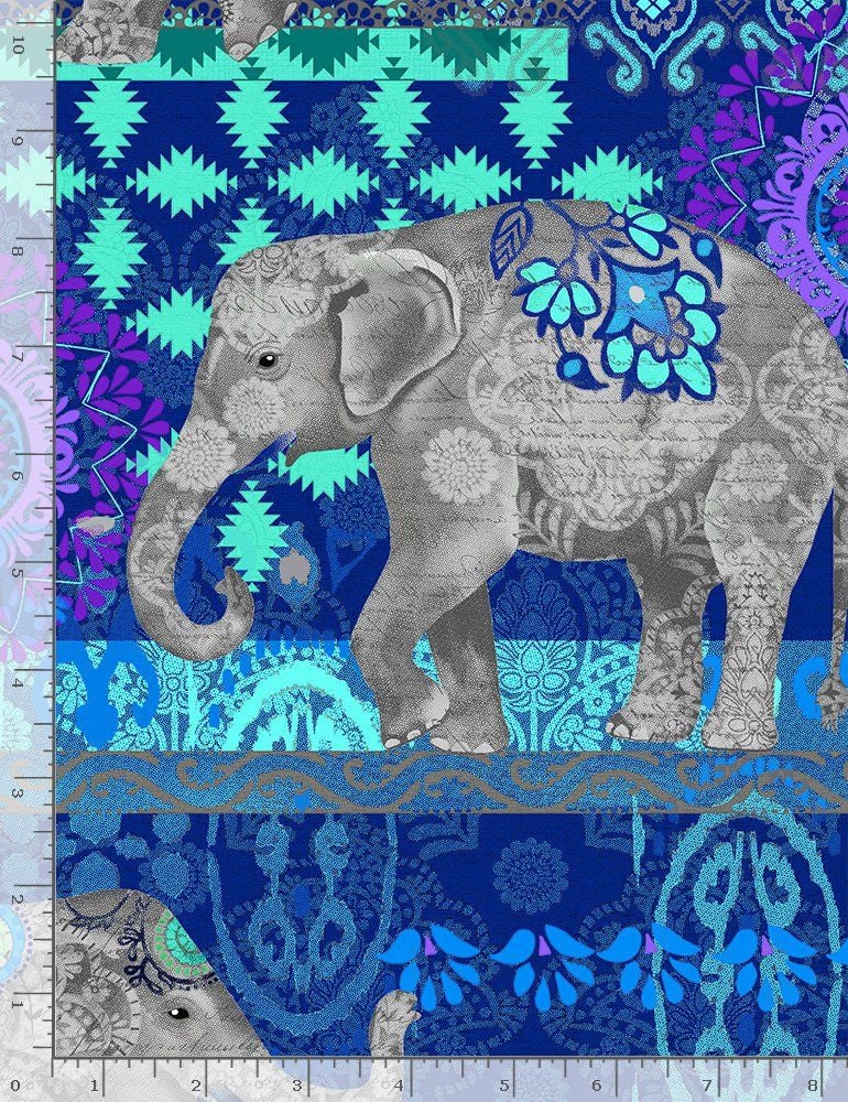 Elephants Caravan Elephant Suzani Blue RUTH-C4711-BLUE Cotton Woven Fabric