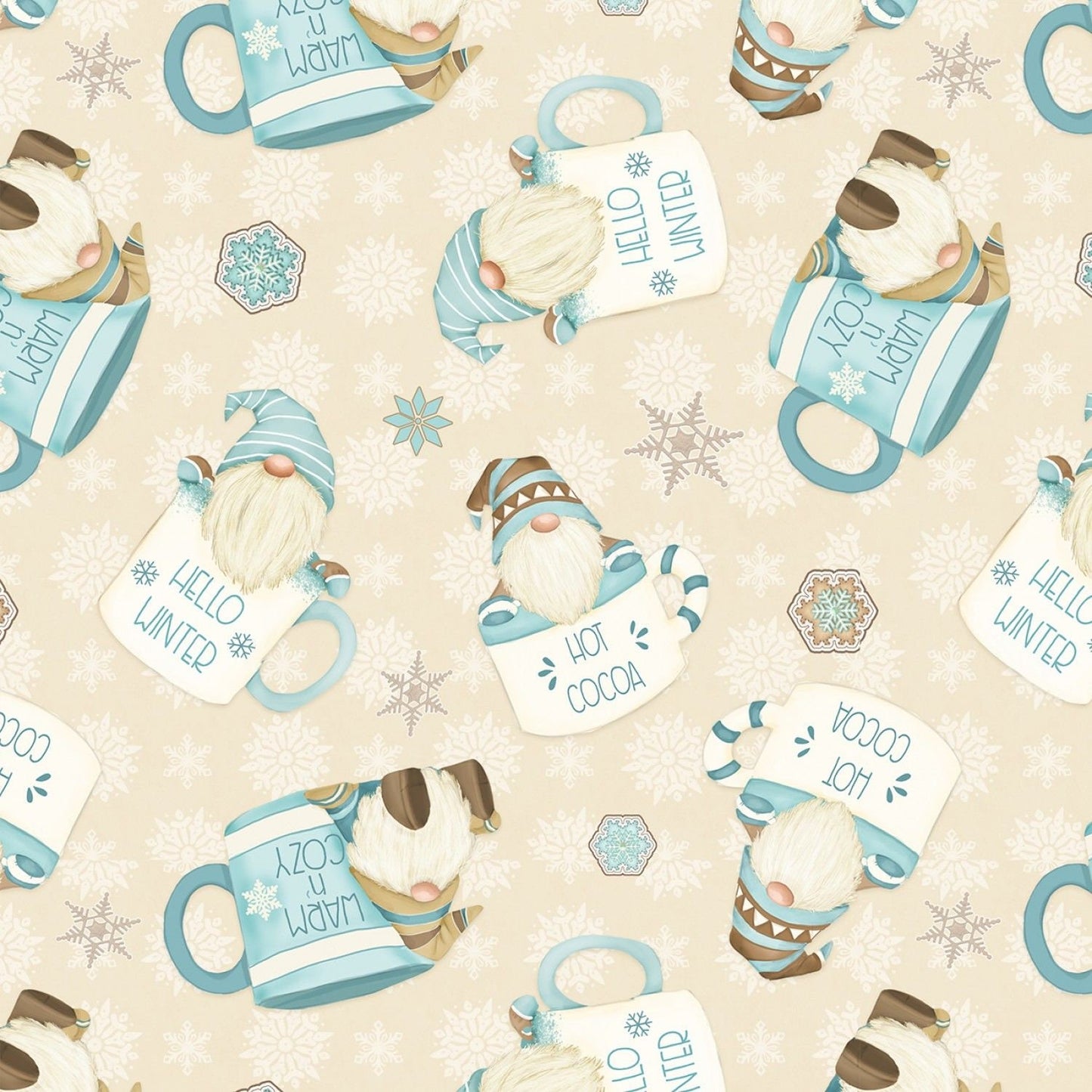 I Love SN'Gnomes by Shelly Comisky Hot Cocoa Cup Gnomes Cream F9640-44 100% Cotton Flannel Fabric