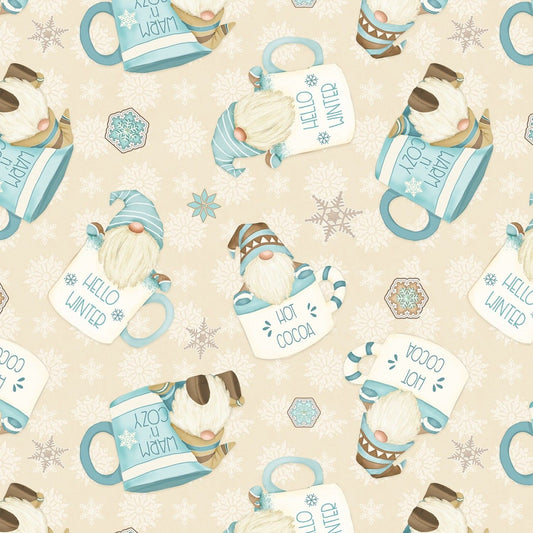 I Love SN'Gnomes by Shelly Comisky Hot Cocoa Cup Gnomes Cream F9640-44 100% Cotton Flannel Fabric