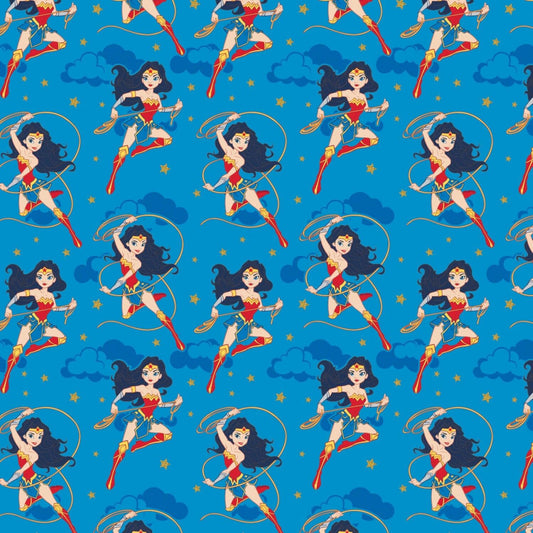 Licensed Young DC by DC Fabrics Wonder Woman Girl Hero Blue w/ Glitter 23421455L-2 Cotton Woven Fabric