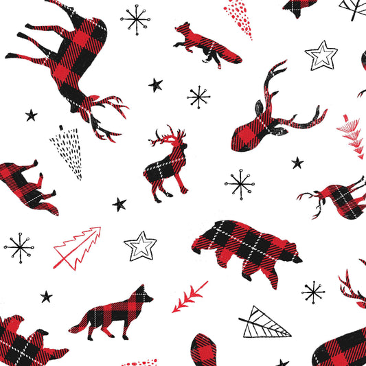 Warm Winter Wishes by Lucie Crovatto Plaid Animals Tossed White/Red 5869-8 Cotton Woven Fabric