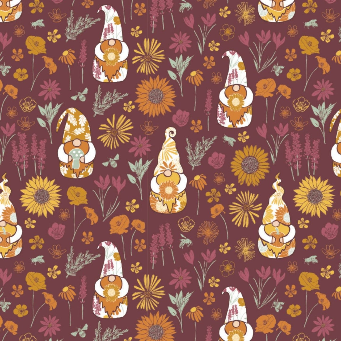 Harvest Time by Vicky Yorke Gnome Worry Be Happy Plum 30200501-3 Cotton Woven Fabric